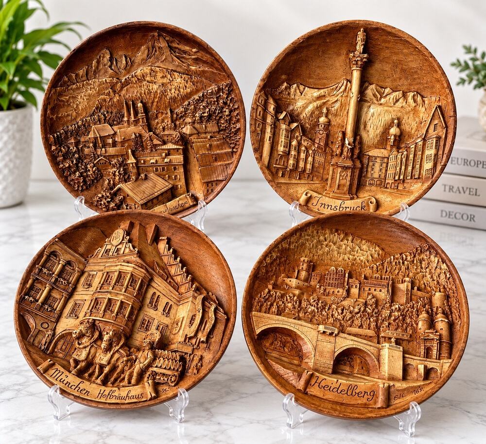 vintage 3D carved wood or resin wall plaques European and German cityscapes 4pc